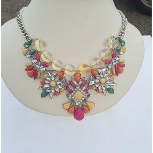 Charming Charlie bib necklace, colorful rhinestones in silver tone. 18 to 20 in